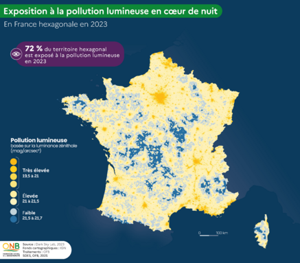 Carte de la pollution lumineuse en France 2023